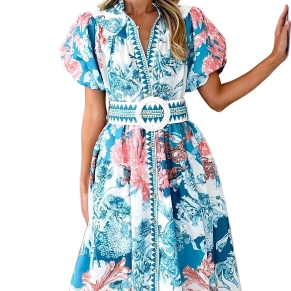 Garden Floral Button-Up Mock Neck Puff Sleeve Wide Belt Slit Front Maxi Dress - Picture 11 of 12